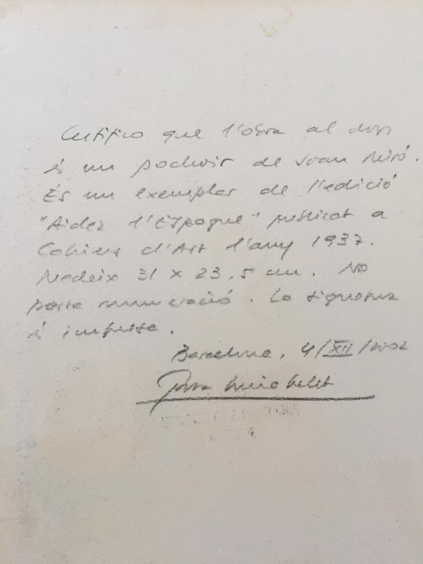 Certificado de autenticidad de la Fundación Joan Miró